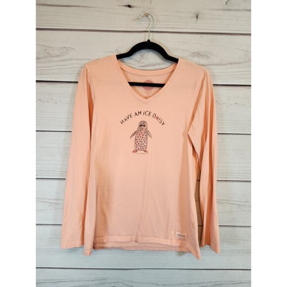 Life Is Good Women Pink Have An Ice Daisy Penguin Long Sleeve Crusher Tee Size M - Picture 1 of 6